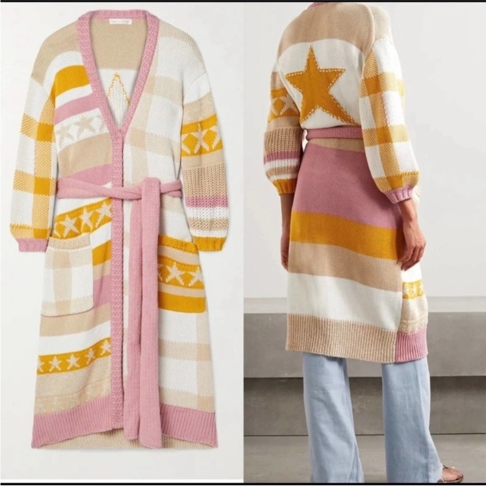 LoveShackFancy Pink, Yellow & Cream Star-Pattern Long Cardigan